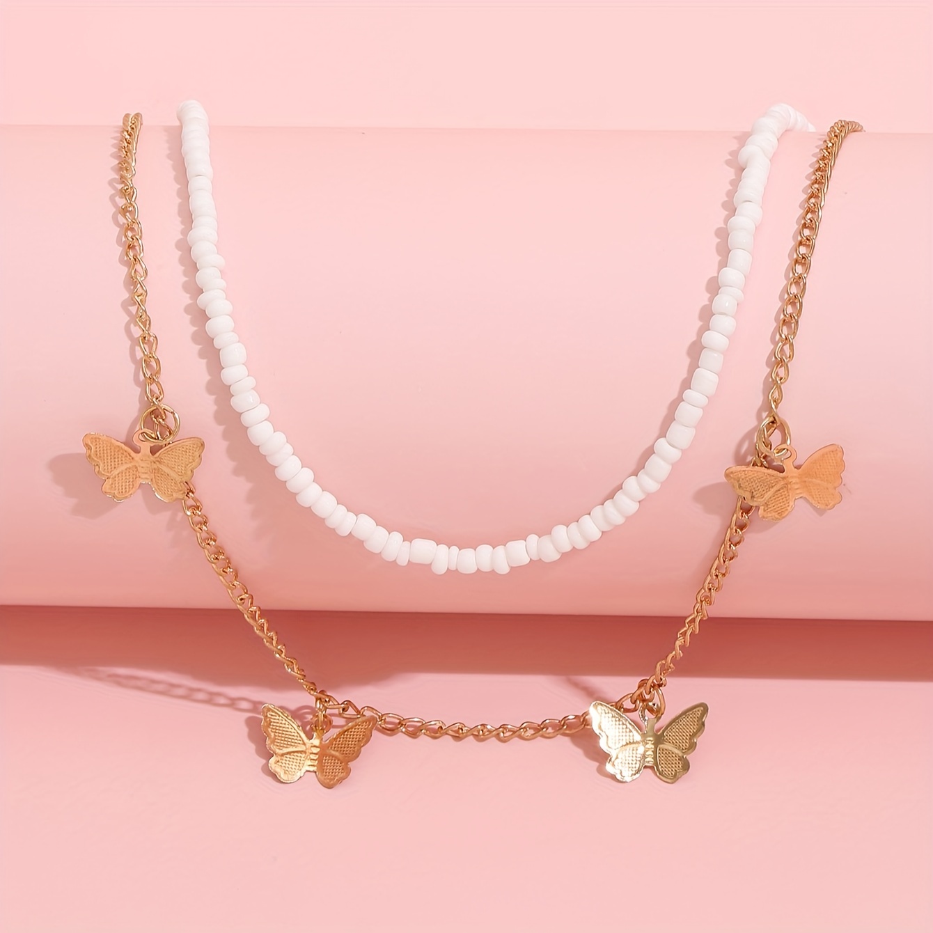 Double Layers Thin Chain Necklace Mini Butterfly Shape - Temu