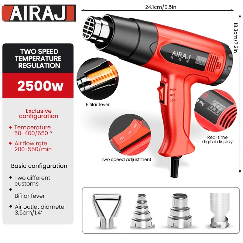 2500W Heat Gun Electric Hot Air Gun Dual Temperature LCD Display 4 Nozzles  Tool