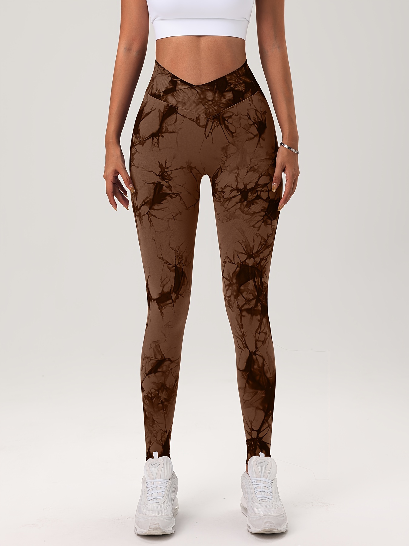 Coffee Brown Tie Dye Regular Women's Sports Leggings 