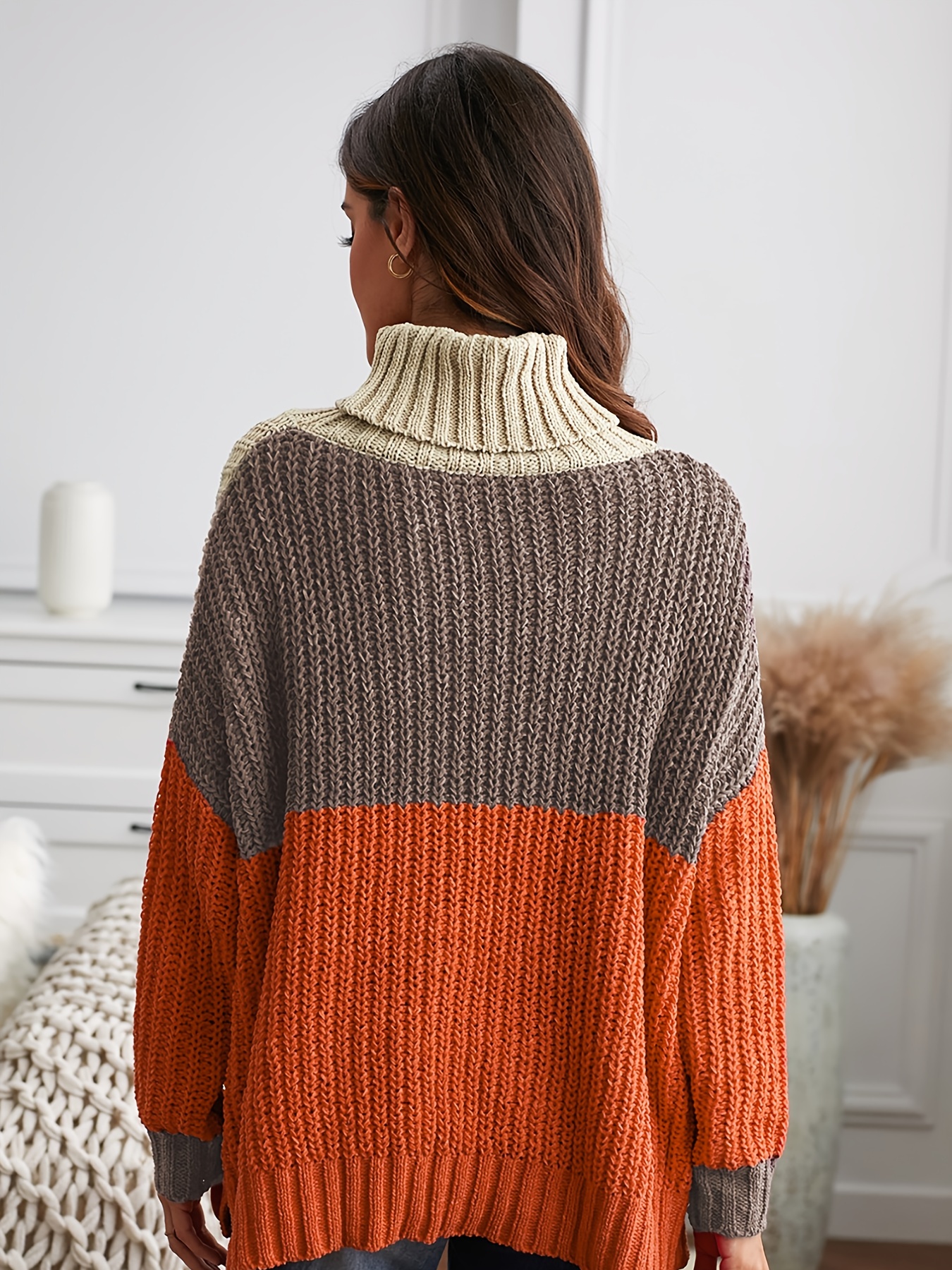 High neck color 2024 block patchwork sweaters