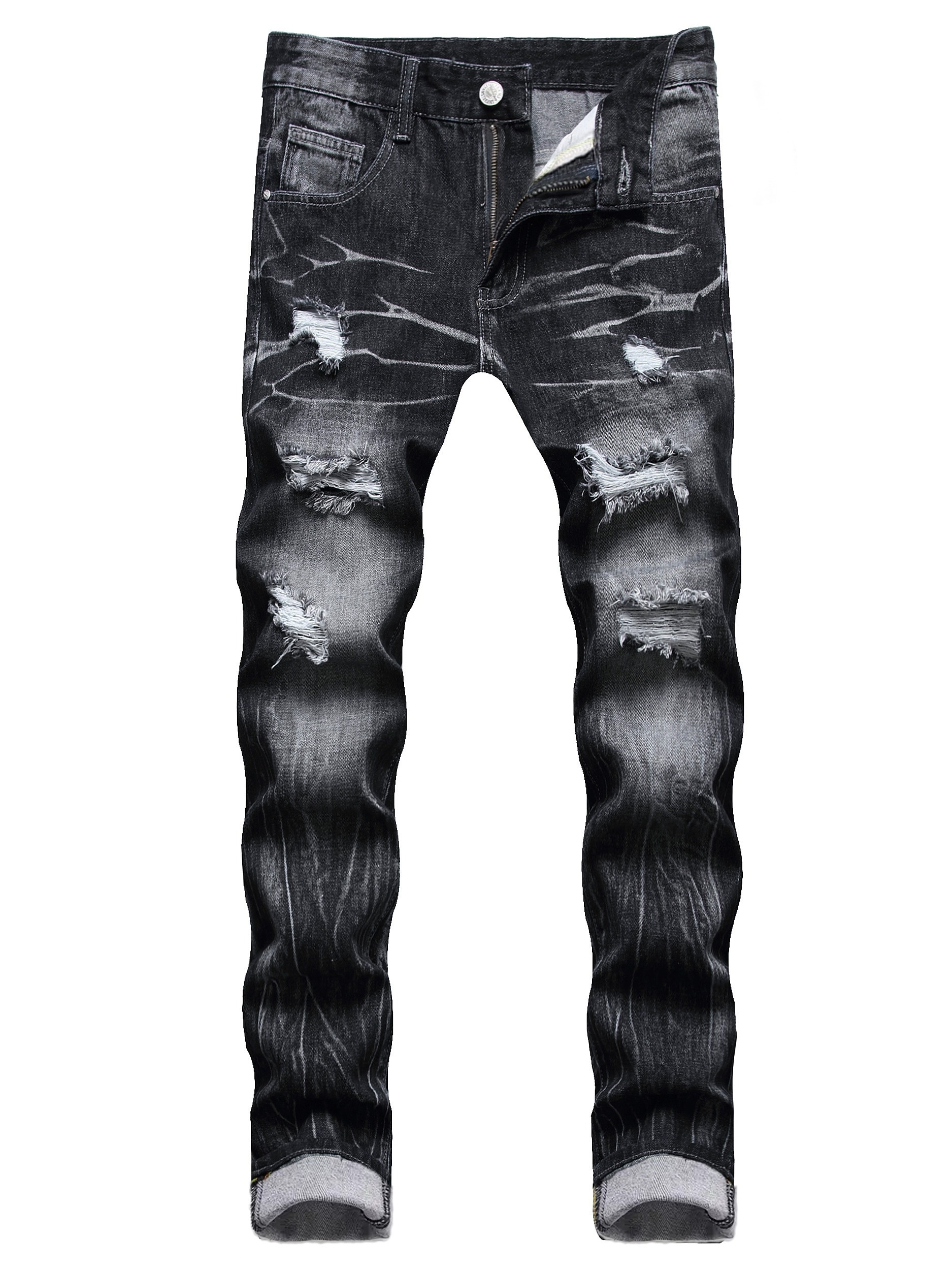 Ripped Versatile Jeans Men's Black Straight Leg Casual - Temu