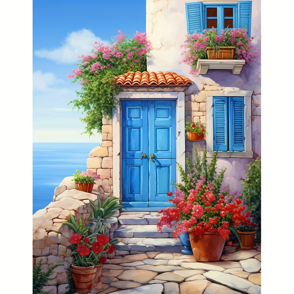 

1pc Large Size 40x50cm/15.7x19.7inch Without Frame Diy 5d Diamond Painting Front Door By The Ocean, Full Rhinestone Painting, Diamond Art Embroidery Kits, Handmade Room Office Decor