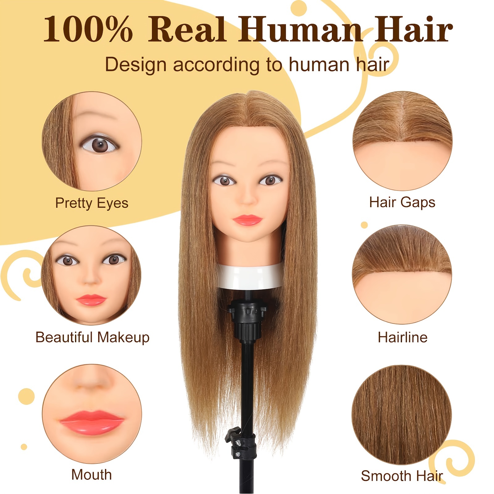 Mannequin Head 70% Real Hair, Cosmetology Doll Head for Hair Styling,  Braiding, Makeup Practice & Training -Blonde Color 