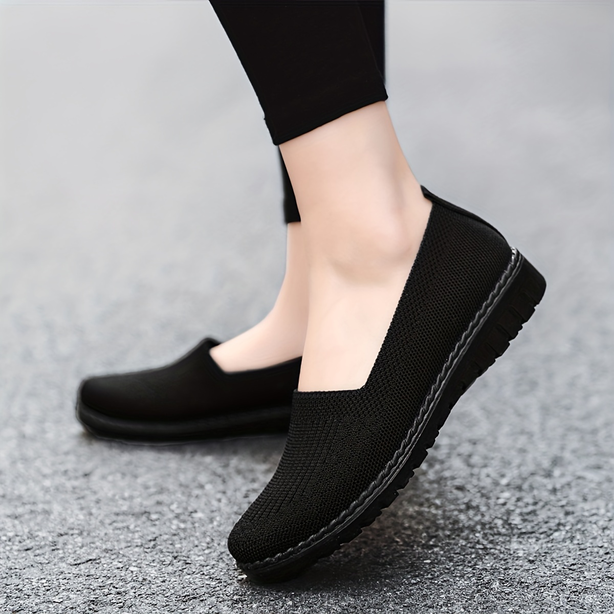 Women's Black Knit Walking Shoes Breathable Slip Flat Shoes - Temu