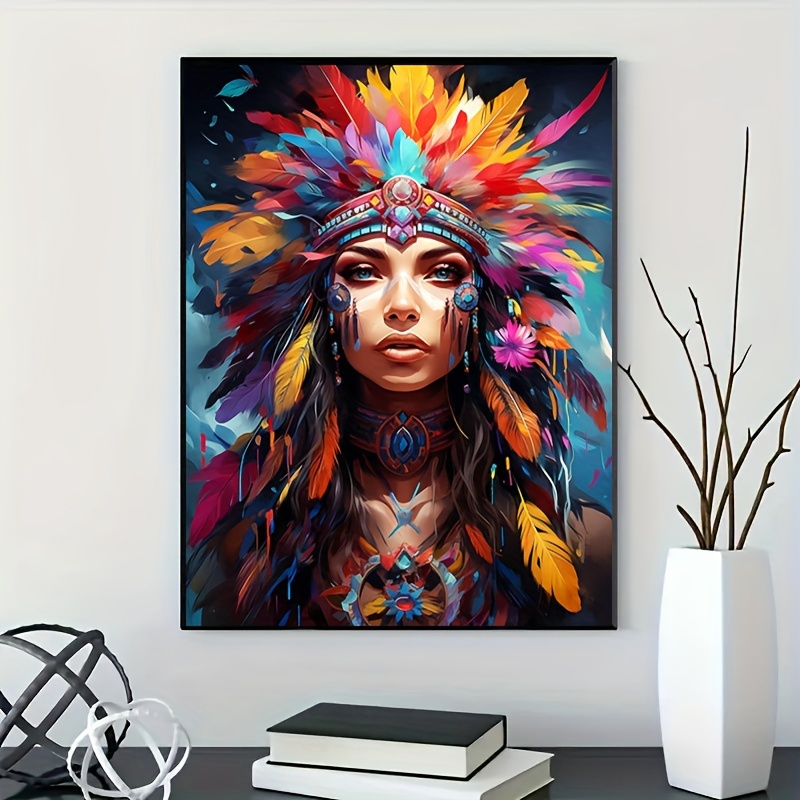 DIY Diamond Painting American Native Indian Feather Crown Full Square Drill Kits Embroidery Cross Stitch Mosaic Art for Craft Adults Relaxation and