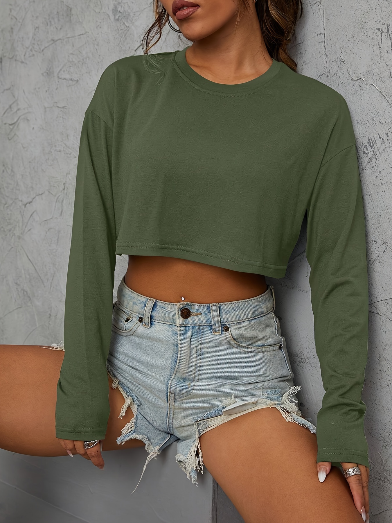 Casual Scoop Neck Crop Tee Solid Long Sleeve Fashion Crop - Temu