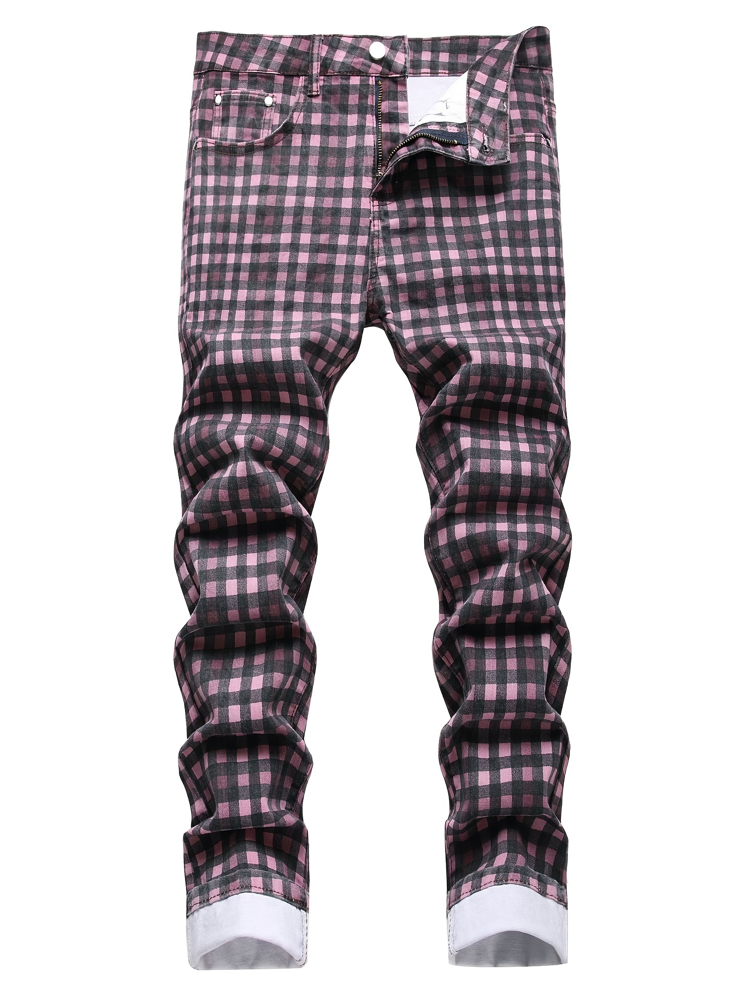 Mens Fashion Color Block Plaid Skinny Paint - Temu