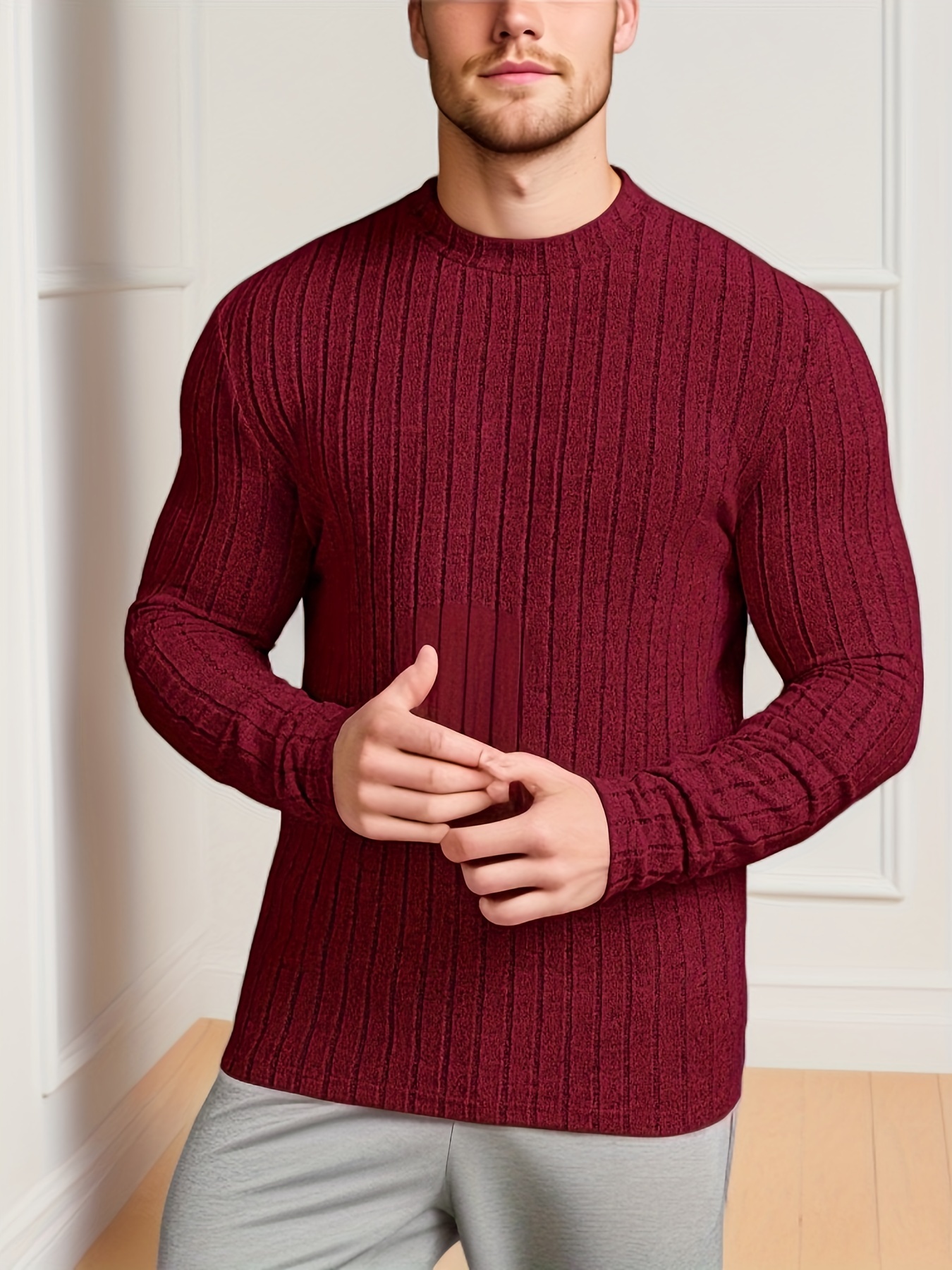 Men's Solid Ribbed Crew Neck Long Sleeve Active T shirt Tee - Temu Canada