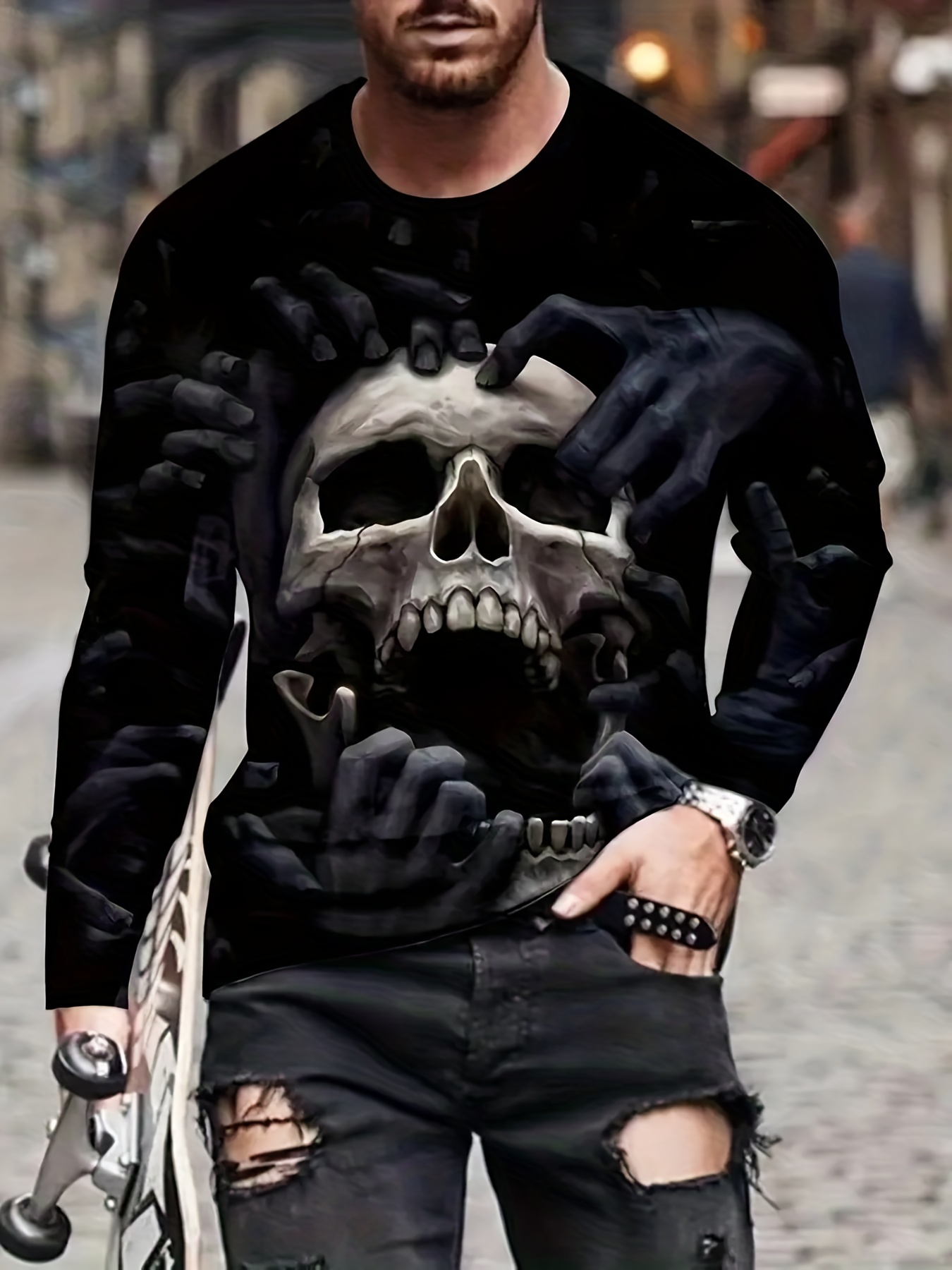 Men's Halloween Skull Cross Print Long Sleeve T shirt Casual - Temu