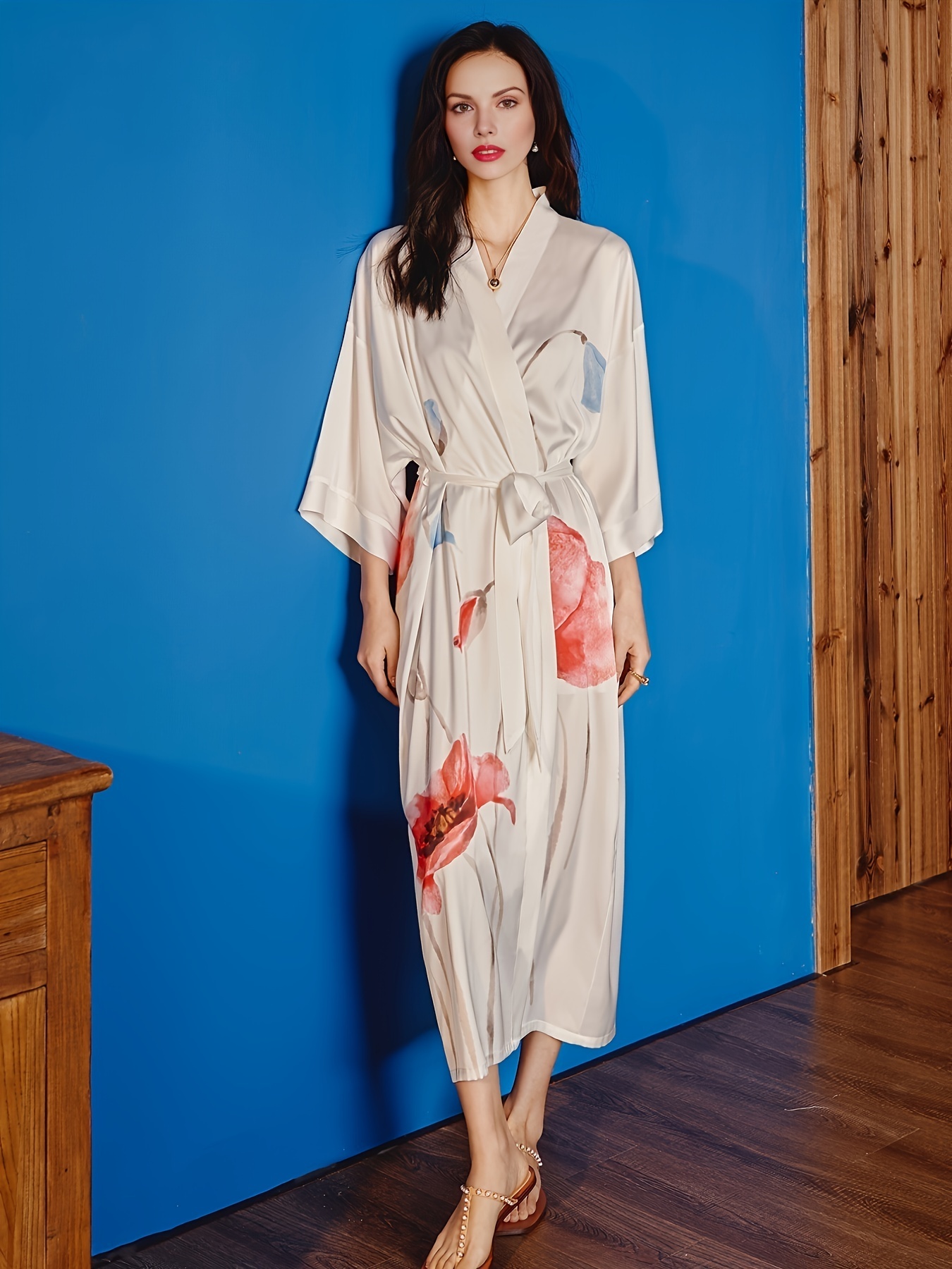  Womens Satin Robes Butterfly Print Short Kimono Robes  Sleepwear