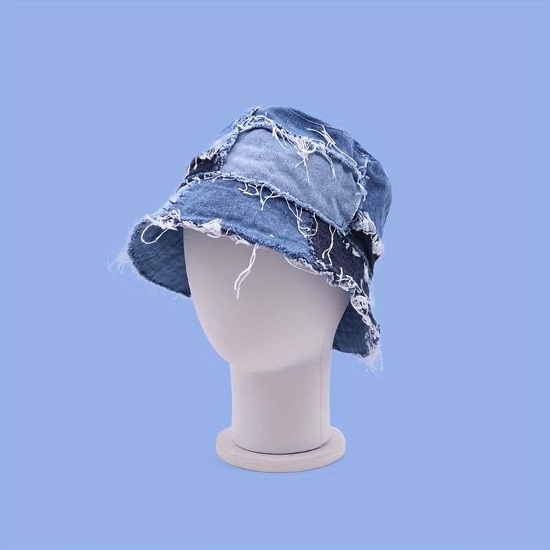 Color Block Denim Bucket Hat Vintage Hem Distressed Washed Basin Hats Hip Hop Breathable Sunshade Fisherman for Women,Temu