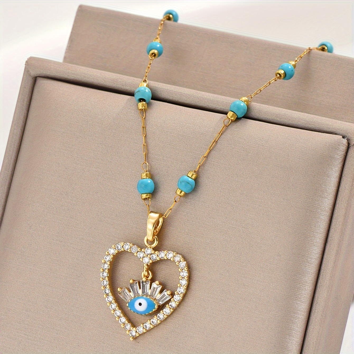 

1pc Golden Stainless Steel Necklace With Heart-shaped Blue Eye Pendant, Rhinestone Pendant Necklace, Suitable For Men And Women