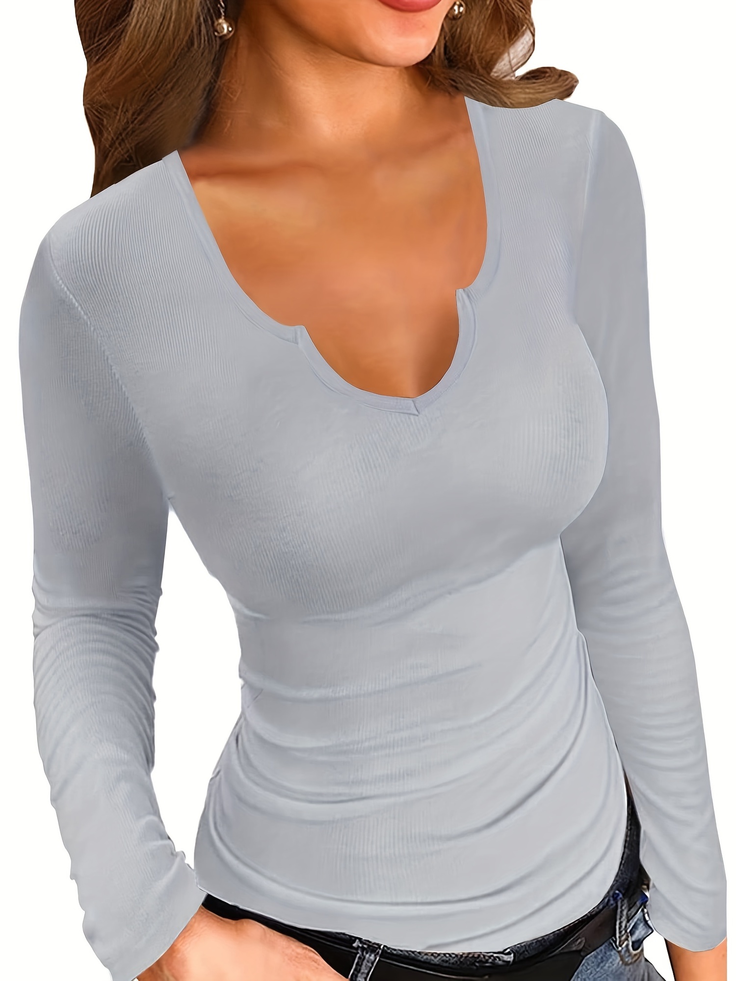 Long Sleeve Notch Neck Cotton Lycra Fitted T-Shirt