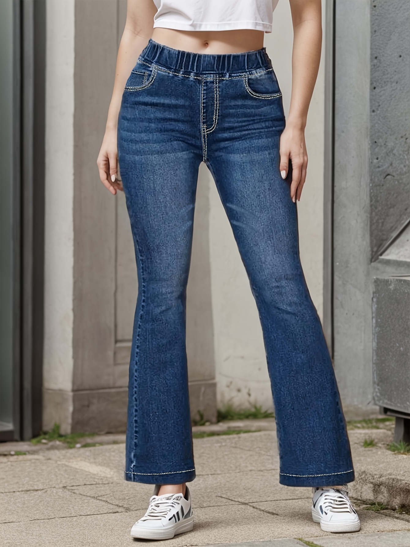 Women Elastic Waist Jeans - Temu Canada