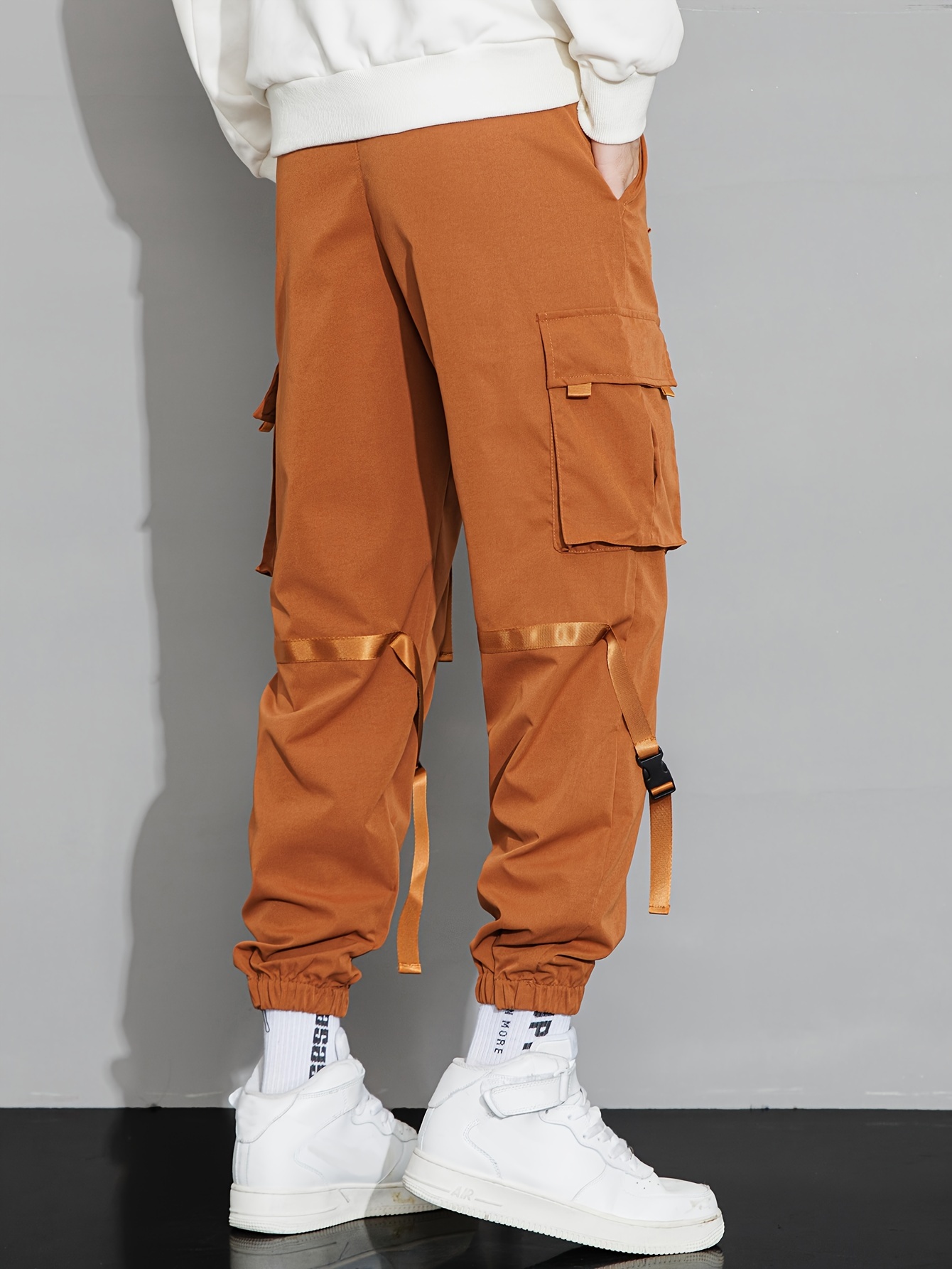 Women's Cargo Pants Buckle Ribbon Pocket Jogger Elastic Waist High