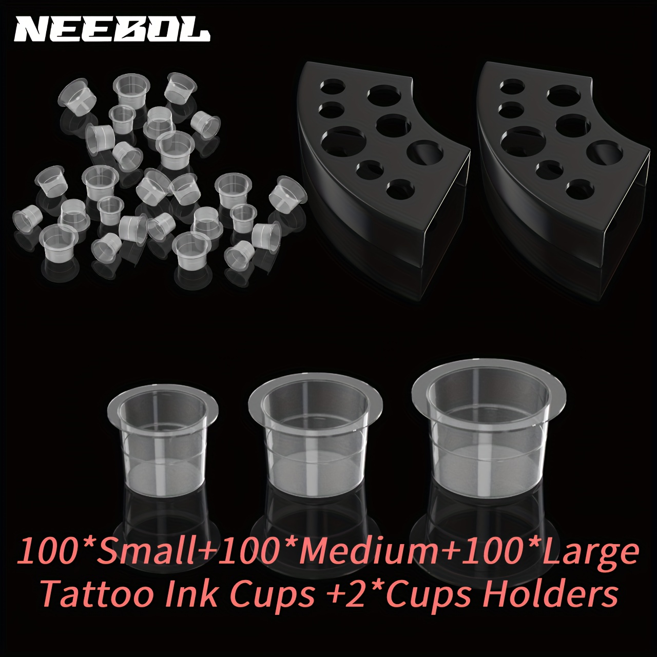 300pcs Tattoo Ink Caps With 2 Cups Holders -100 Small 100 Medium Tattoo Ink Cups +2 Cups Holders For Tattoo Ink Permanent Makeup Container Cap Tattoo Accessory