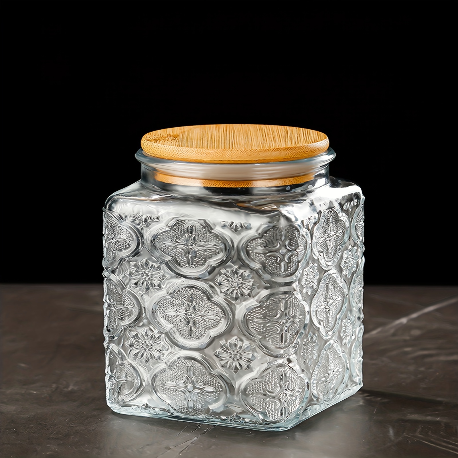 Vintage Square Embossed Glass Jar Acacia Wood Lid Sealed Jar