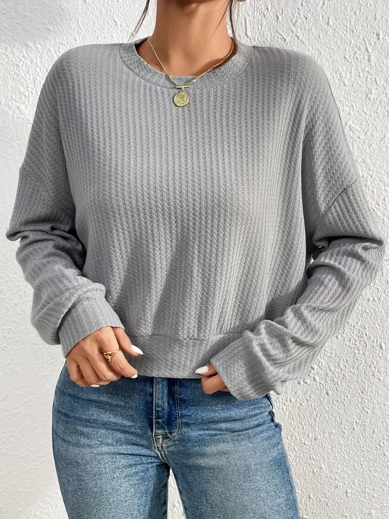 waffle knitted pullover sweater casual long sleeve crew neck sweater womens clothing details 3