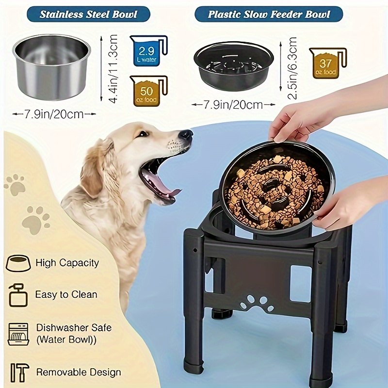 Raised Food and Water Bowls with Adjustable Stand, No Spill Stainless Steel Pet  Bowls with 4 Heights for Dogs