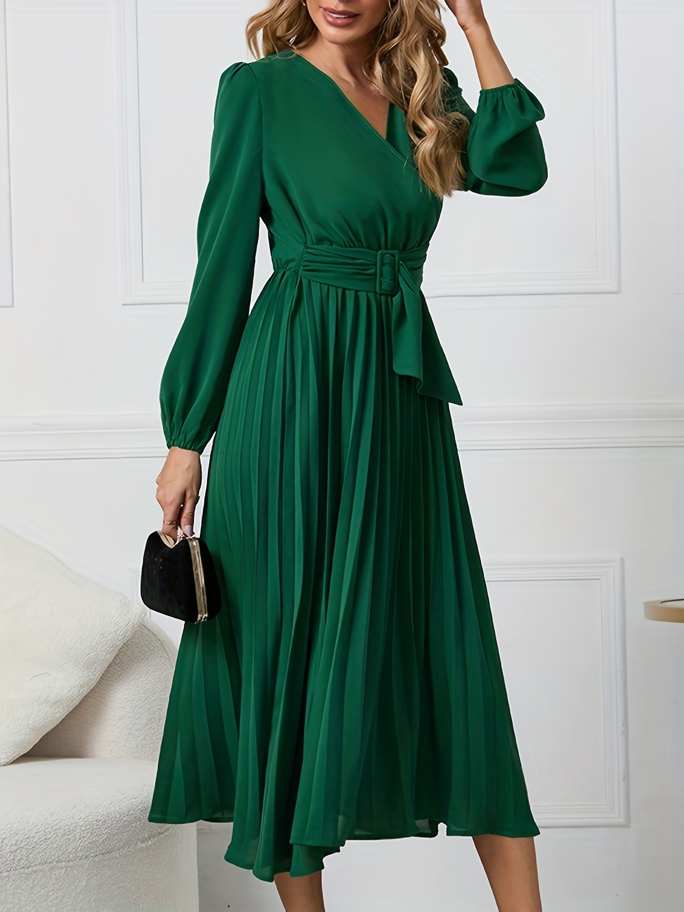 Spense Boat Neck 3/4 Sleeve Gathered Pleated Solid Ponte Dress