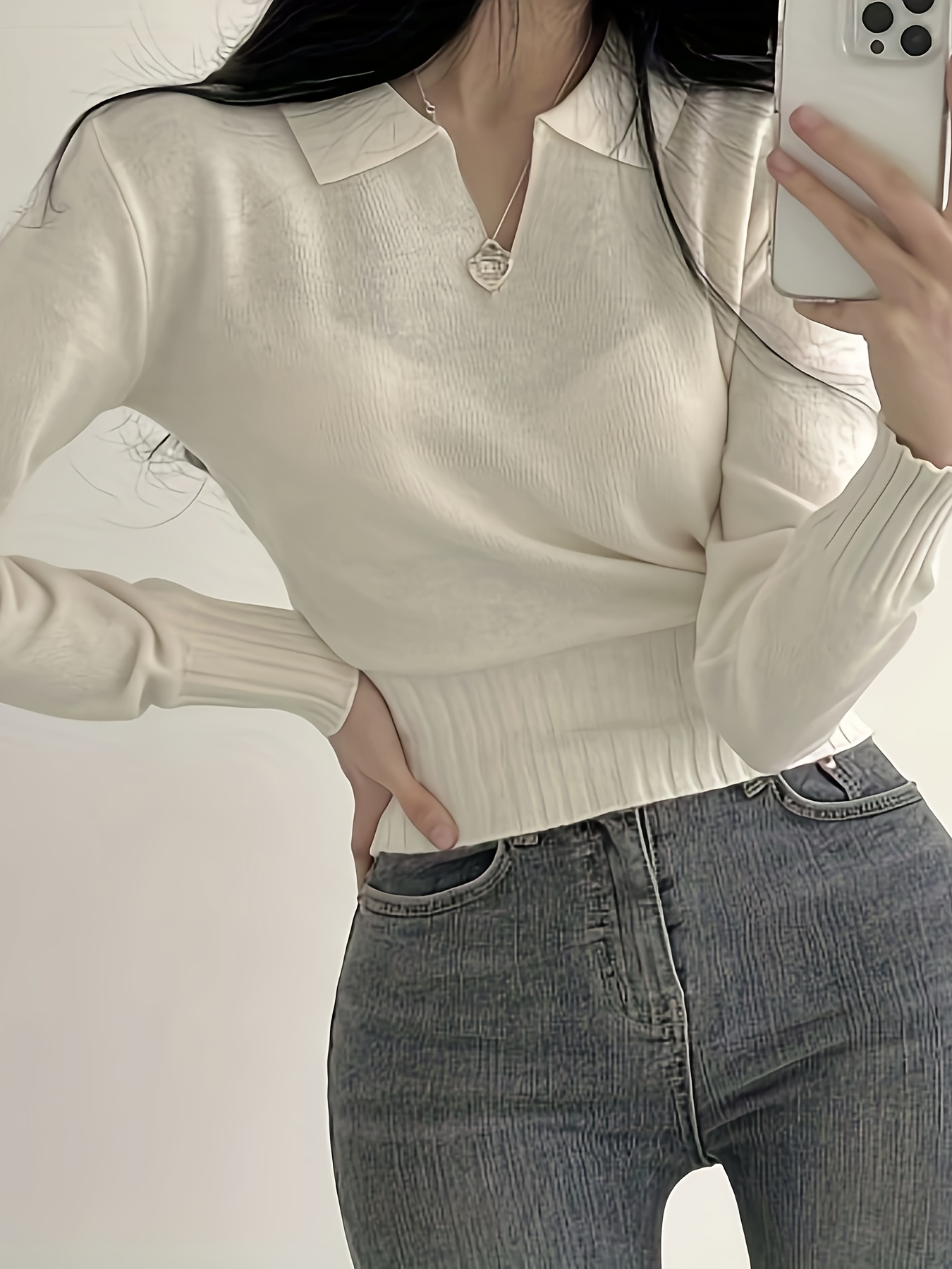 Solid Notched Collar Pullover Sweater, Casual Long Sleeve Crop Sweater ...