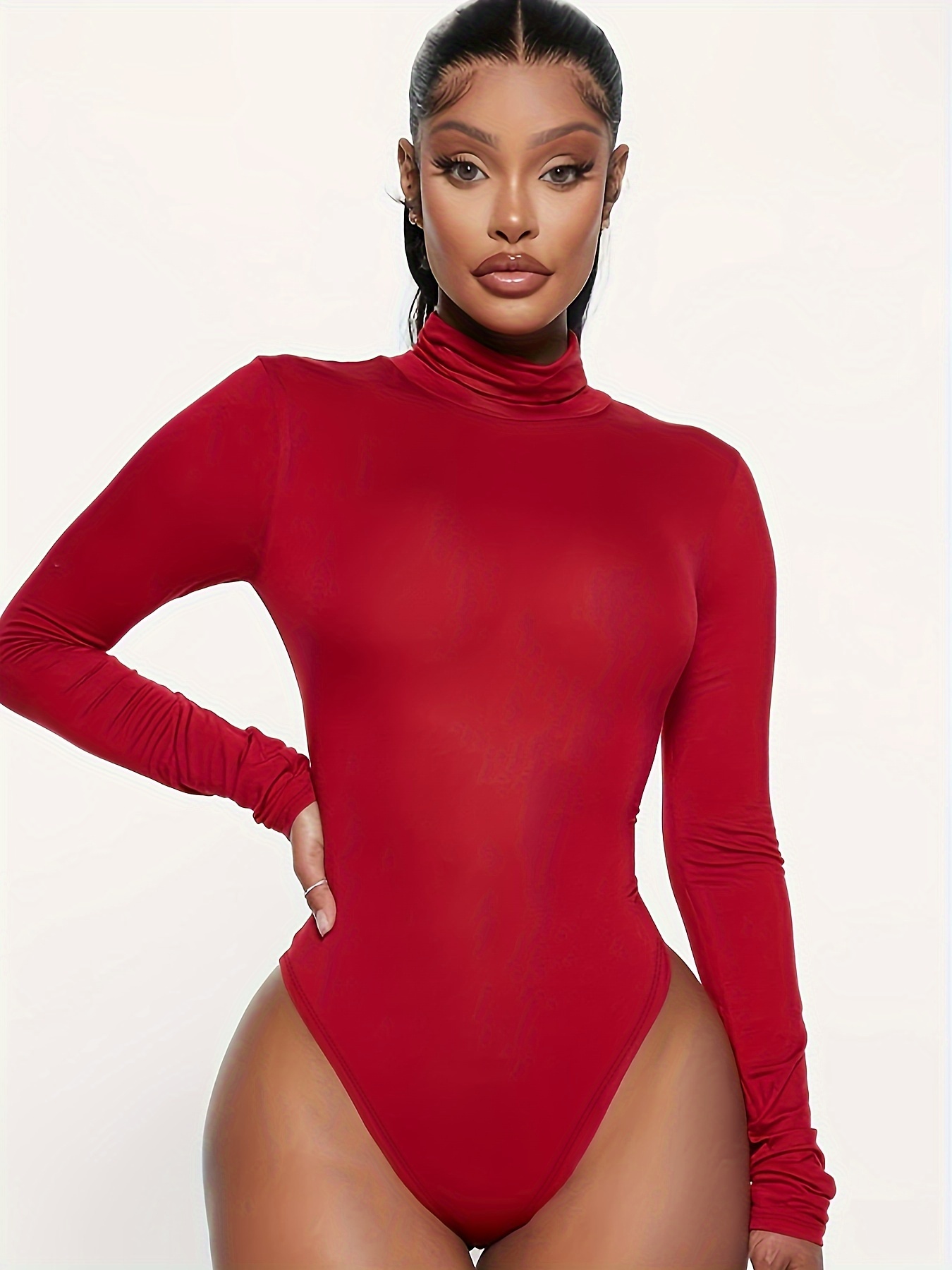 Solid High Neck Bodysuit Casual Long Sleeve One Piece - Temu