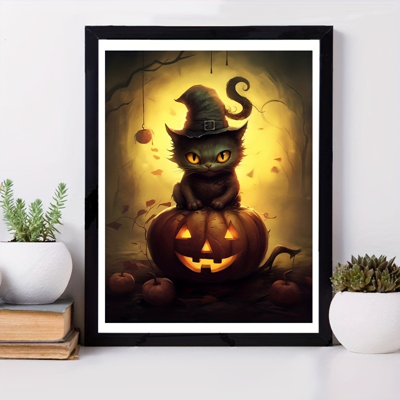 Diy 5d Frameless Diamond Painting Halloween Cat With Hat Wall Art