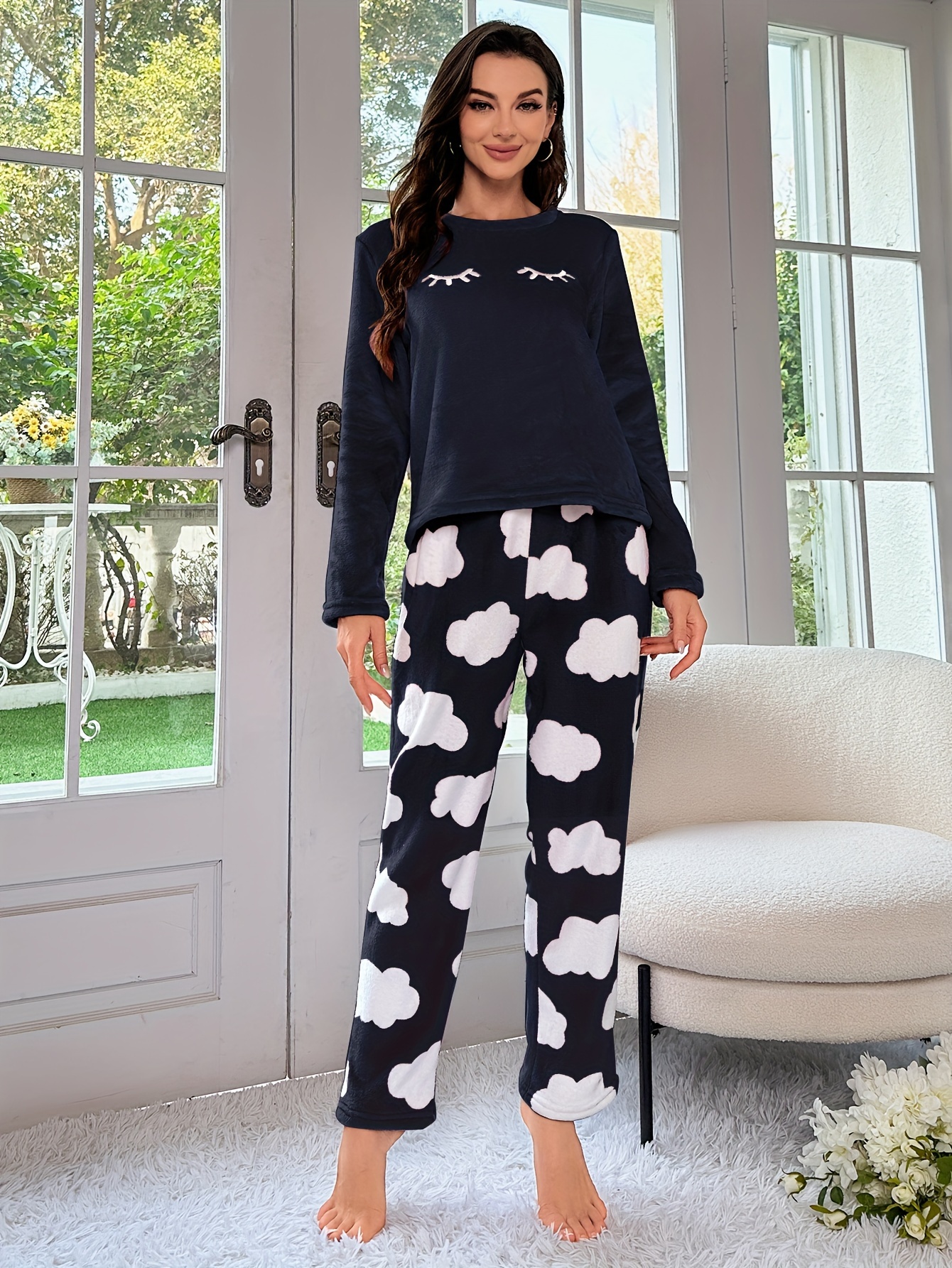 Pigiama a Due Pezzi Donna Cotone Flanella Calda Maniche Lunghe Camicia e Pantaloni (Blu-1,XL