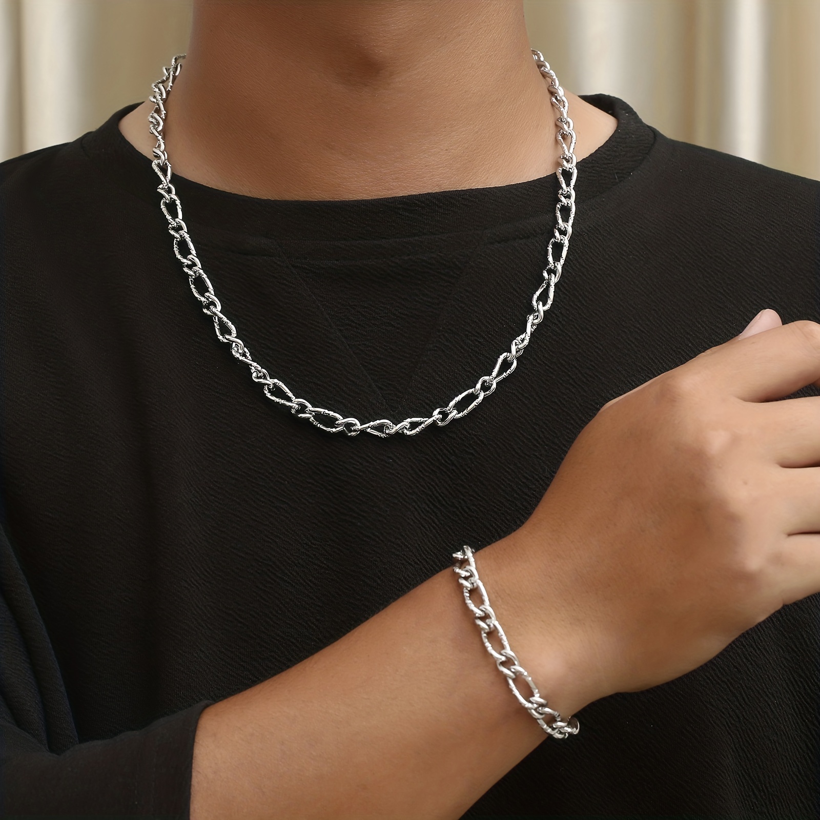 Punk Style Bracelet & Necklace Set For Men - Cuban Stainless Steel Black  Bracelet Chains - Temu