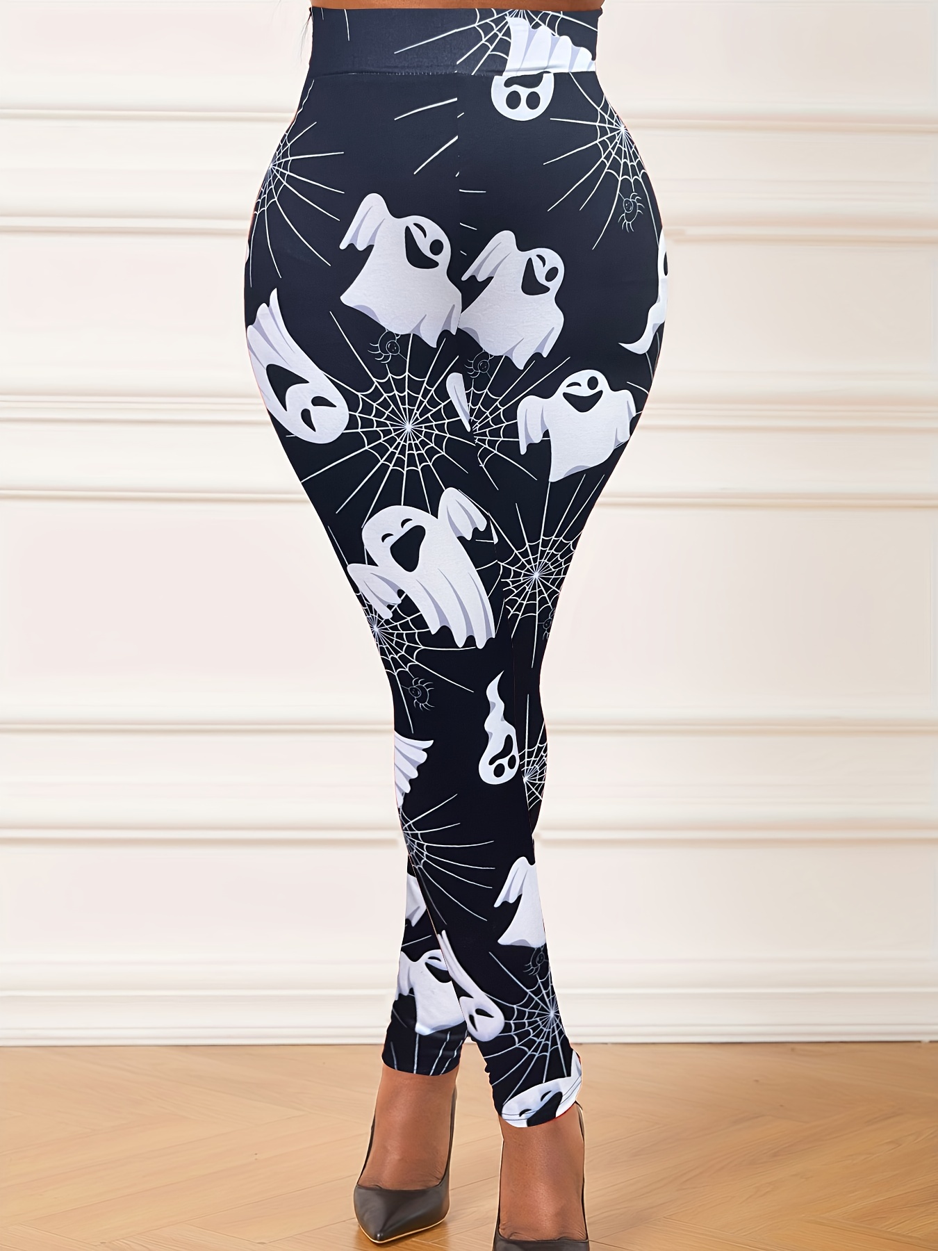 Plus Size Halloween Leggings, Women's Plus Cute Ghost & Spider Web Print  Elastic High Rise Medium Stretch Leggings
