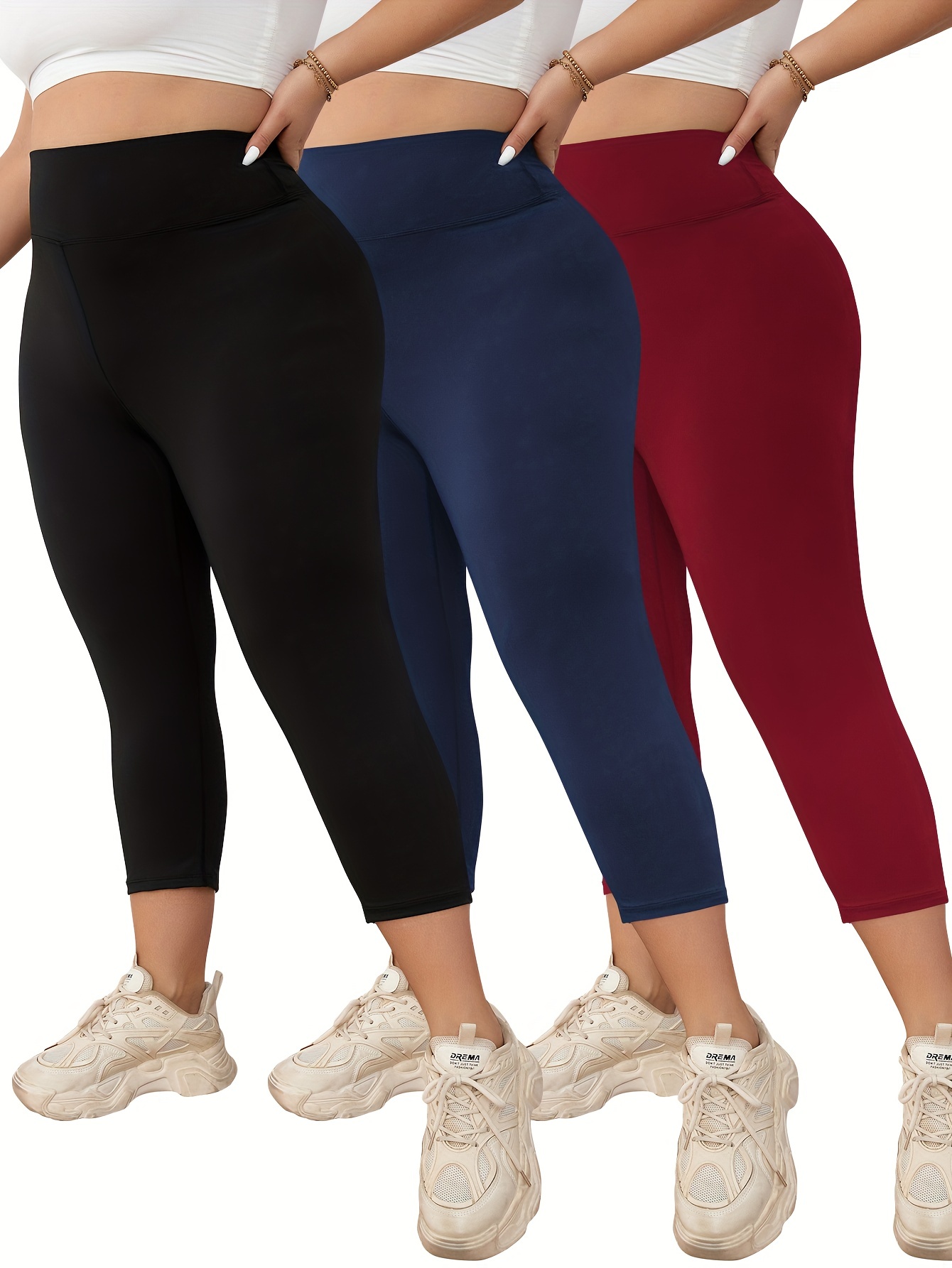 Plus Size Sports Capri Pants, Women's Plus Faux Denim Print Drawstring  Waist Roll Up Hem Medium Stretch Fitness Capri Leggings