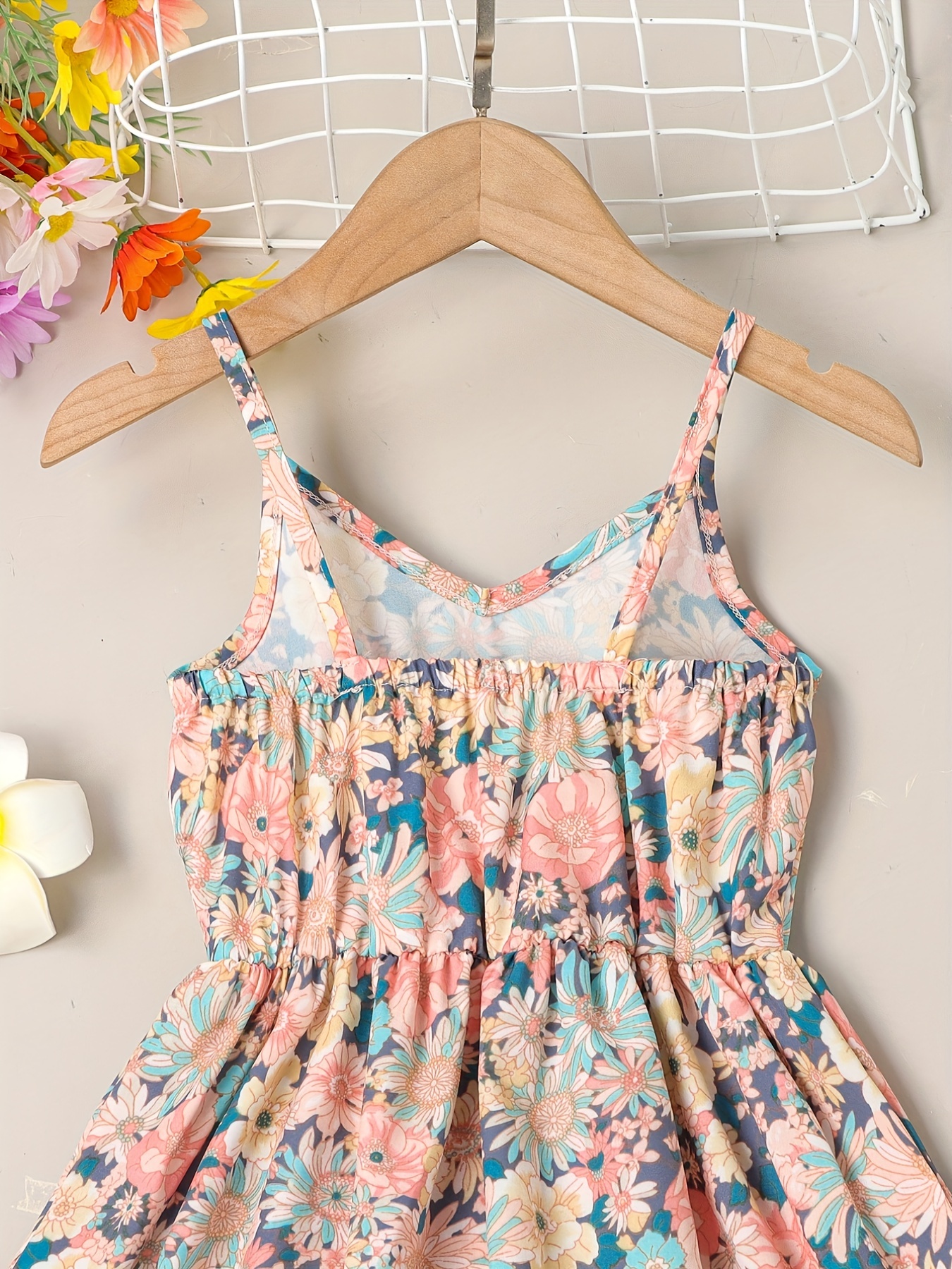 little girls cute sundress floral pattern party beach dress v neck elastic waist camisole dress for summer details 3