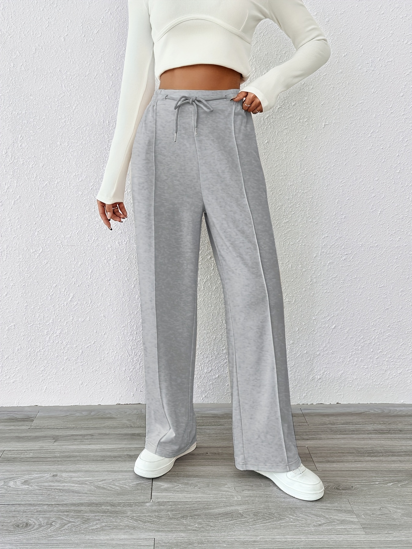 Solid Crossover Elastic Waist Sweatpants, Casual Wide Leg Pants For Fall &  Winter, Women's Clothing
