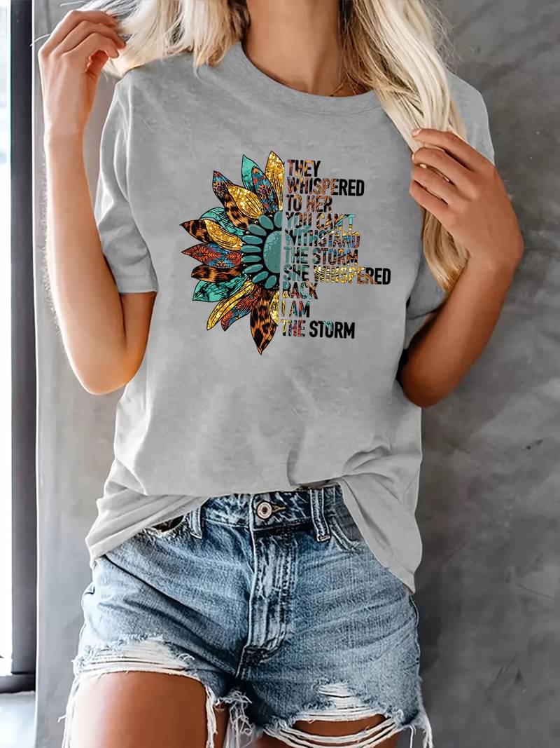 T-shirt Femme Imprimé Graphique - Col Rond, Manches Courtes, Décontracté Pour L'été