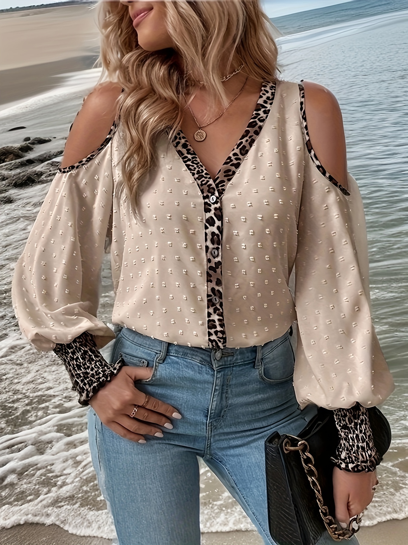 Contrast Trim Drop Shoulder Leopard Print Shirt