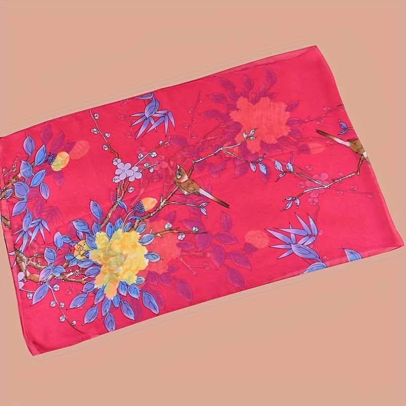 Branch Bird Print Chiffon Scarf Vintage Thin Shawl