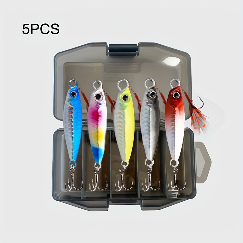 5pcs 0.71oz Jigging Lures, Slow Jig Baits, Saltwater Jigs For Boat Fishing,  Artificial Lures For Tuna Bass Salmon, Metal Jig With Treble Hook And Assi