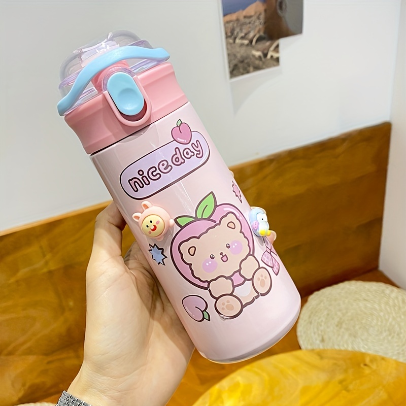 Botella de agua con pajita con estampado de dibujos animados para