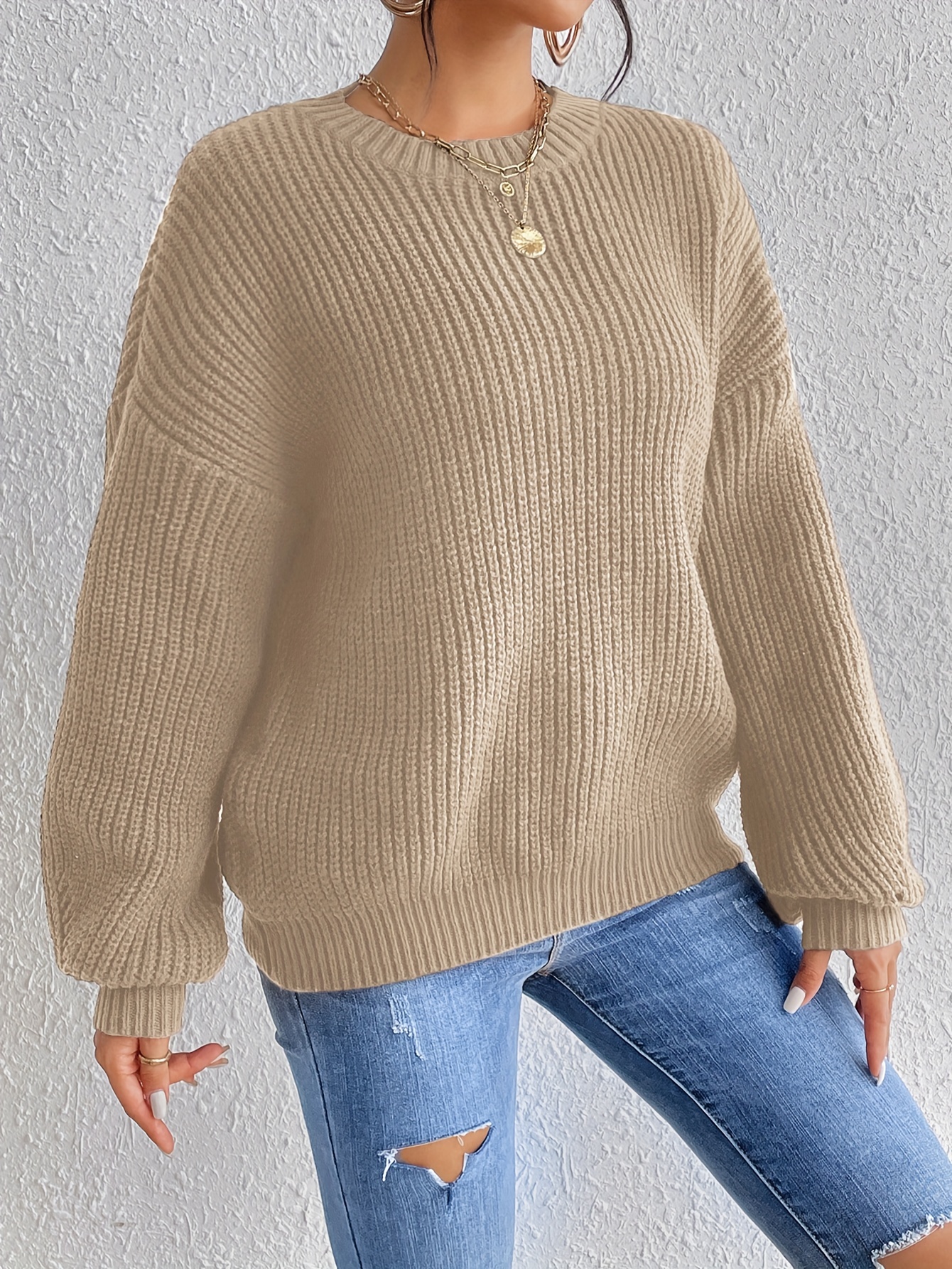 Comprar Jersey largo de otoño e invierno para mujer, suéter con cuello  redondo, manga larga, parte inferior de punto holgada, Top de Color sólido