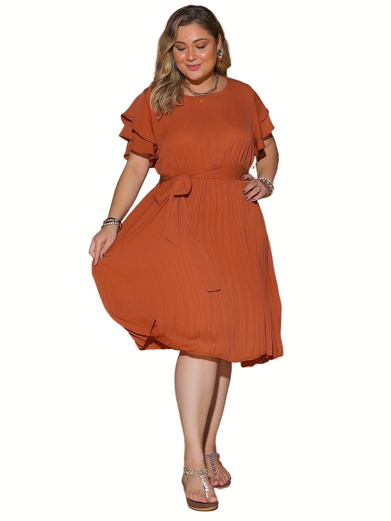 Plus Size Casual Dress, Women's Plus Solid Layered Ruffle Sleeve