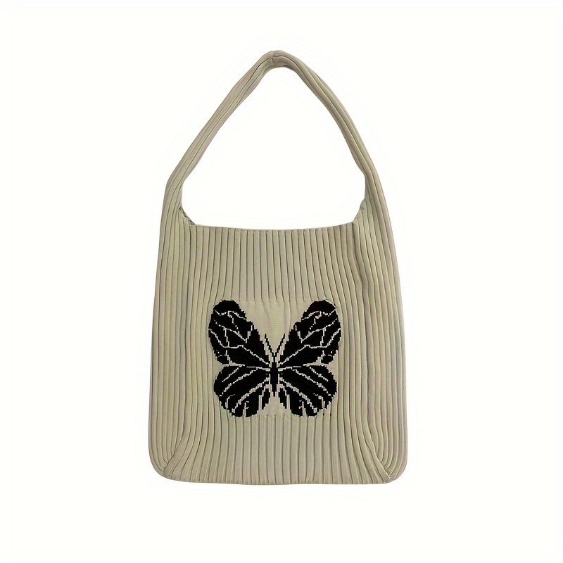 Butterfly Pattern Crochet Bag, Women Color Contrast Tote Bag, Aesthetic  Knitted Shoulder Bag