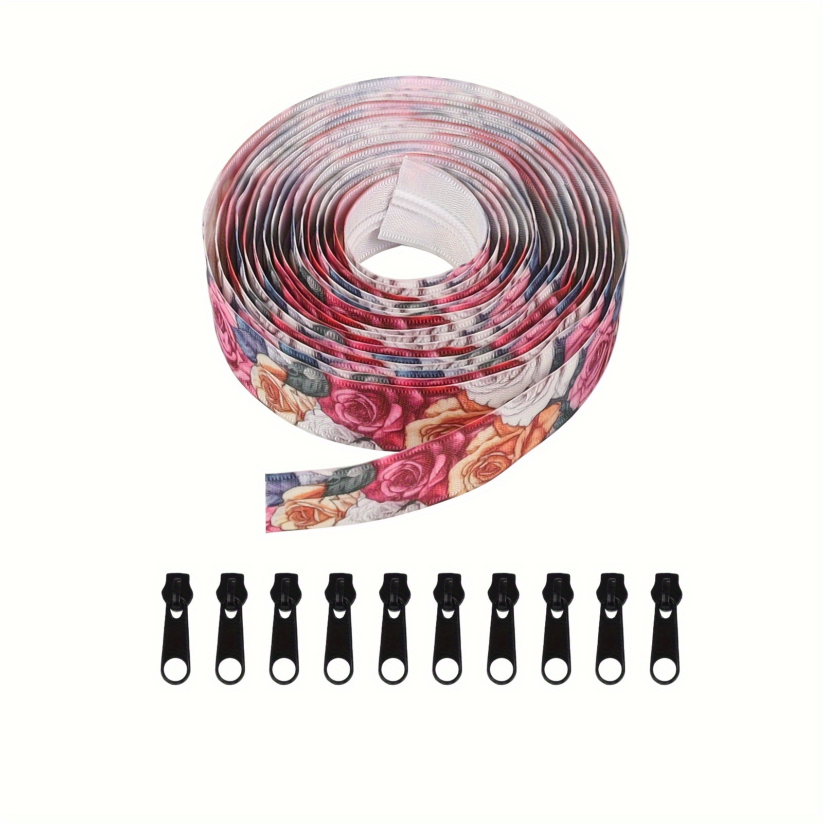 Image of Peony Zipper Set: 4.5 Meters With 10 Non-locking Zipper Pulls, Transfer Floral Zipper, Nylon Zipper. Suitable For Luggage, Home Textiles, Apparel, Etc