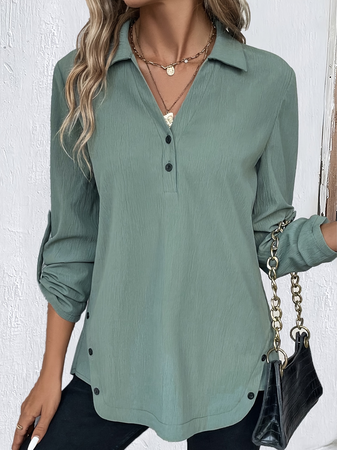 Solid Color Button Front Shirt Casual Lapel Neck Long Sleeve - Temu