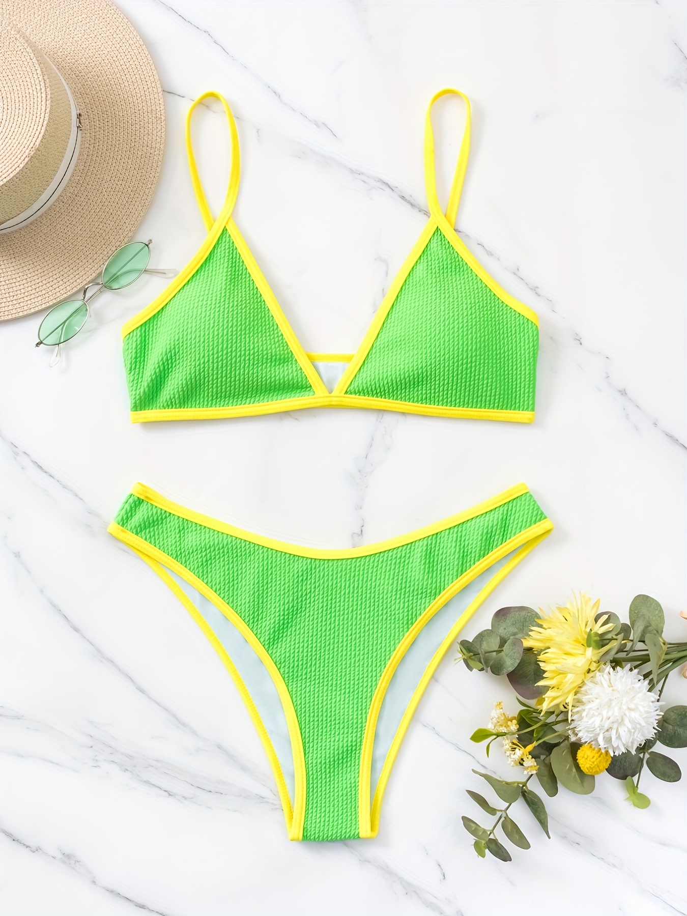 Rib Knit Contrast Trim Spaghetti Strap 2 Piece Set Bikini, High Cut Green &  Yellow V Neck Stretchy Swimsuit For Beach Pool Bathing, Women's Swimwear 