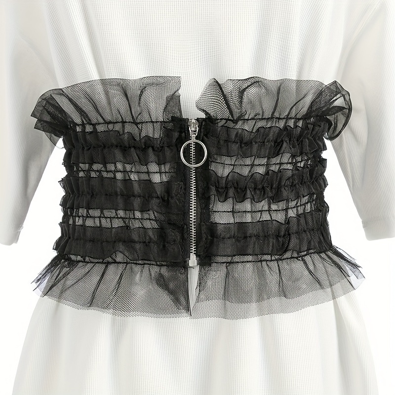 Black Lace Embroidery Belt Pu Leather Bowknot Belt Casual - Temu