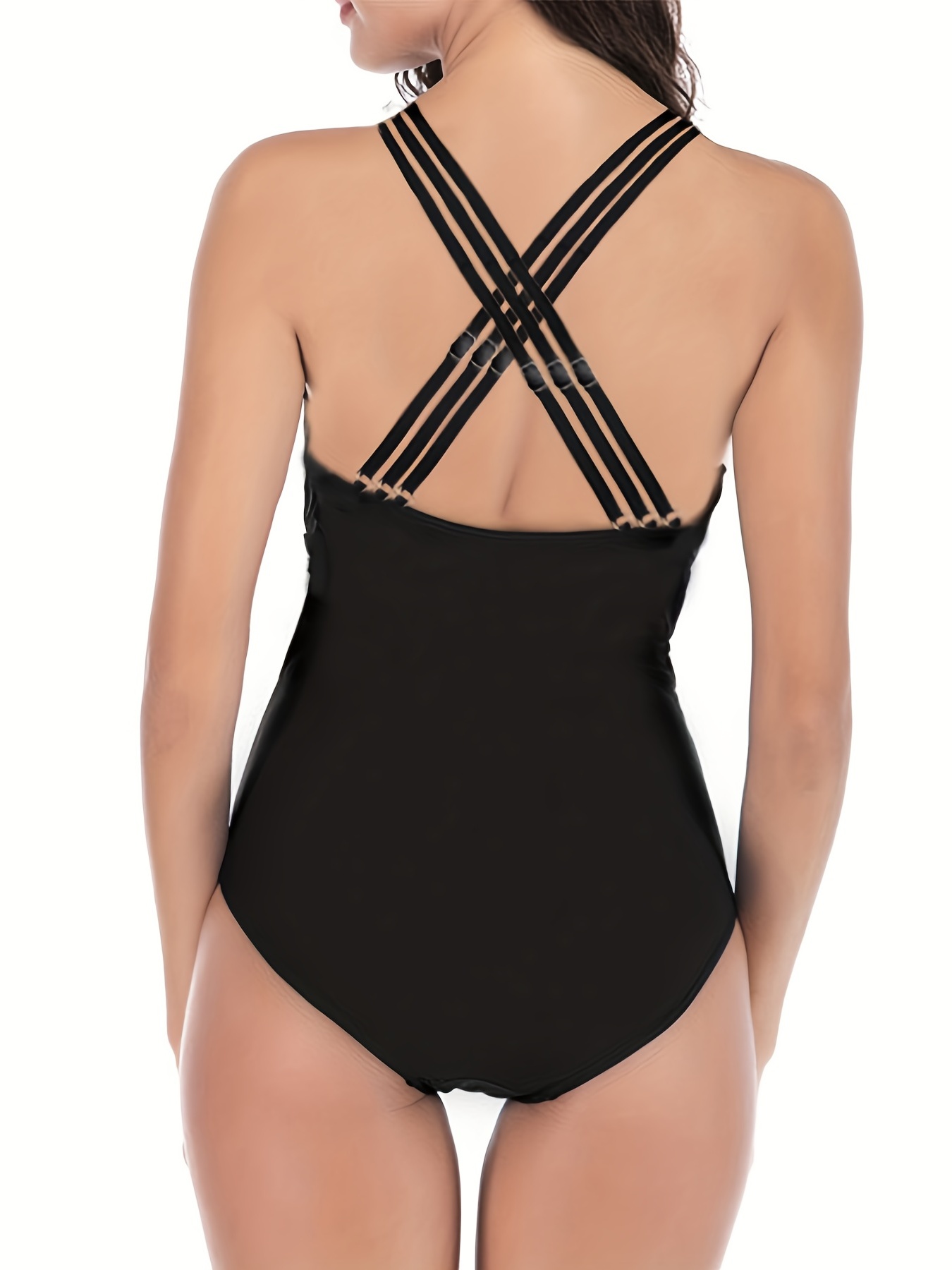 Deep V Neck Ruched Halter * Swimsuit, Solid Black Tie Neck Backless  Stretchy Bathing Suit For Beach Pool, Women's Swimwear & Clothing