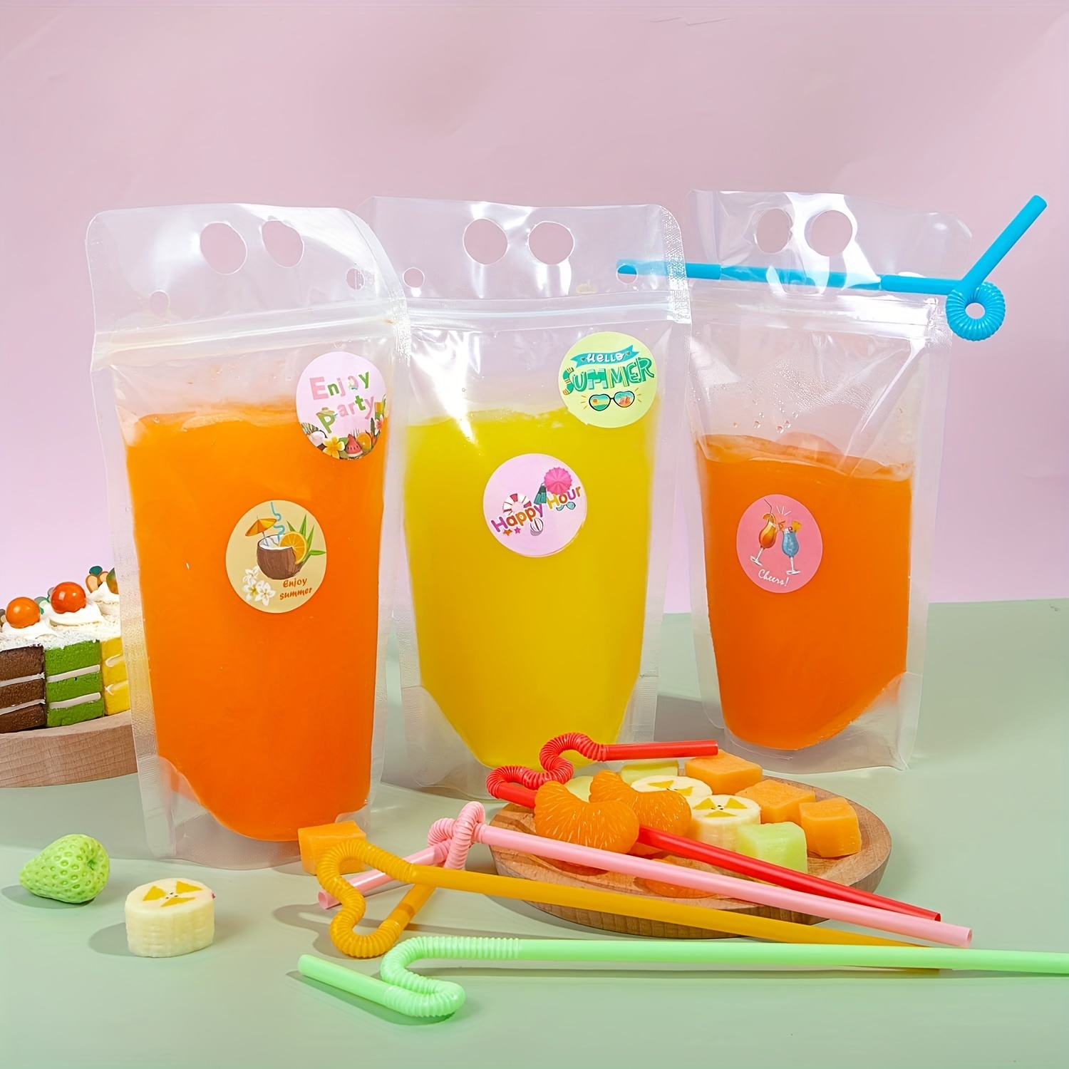 Drink Pouches Bag with Straws 20 Pack 8oz Plastic container Reclosable  Zipper Hand-held Heavy Duty Ice Drinking Juice Pouches Bags