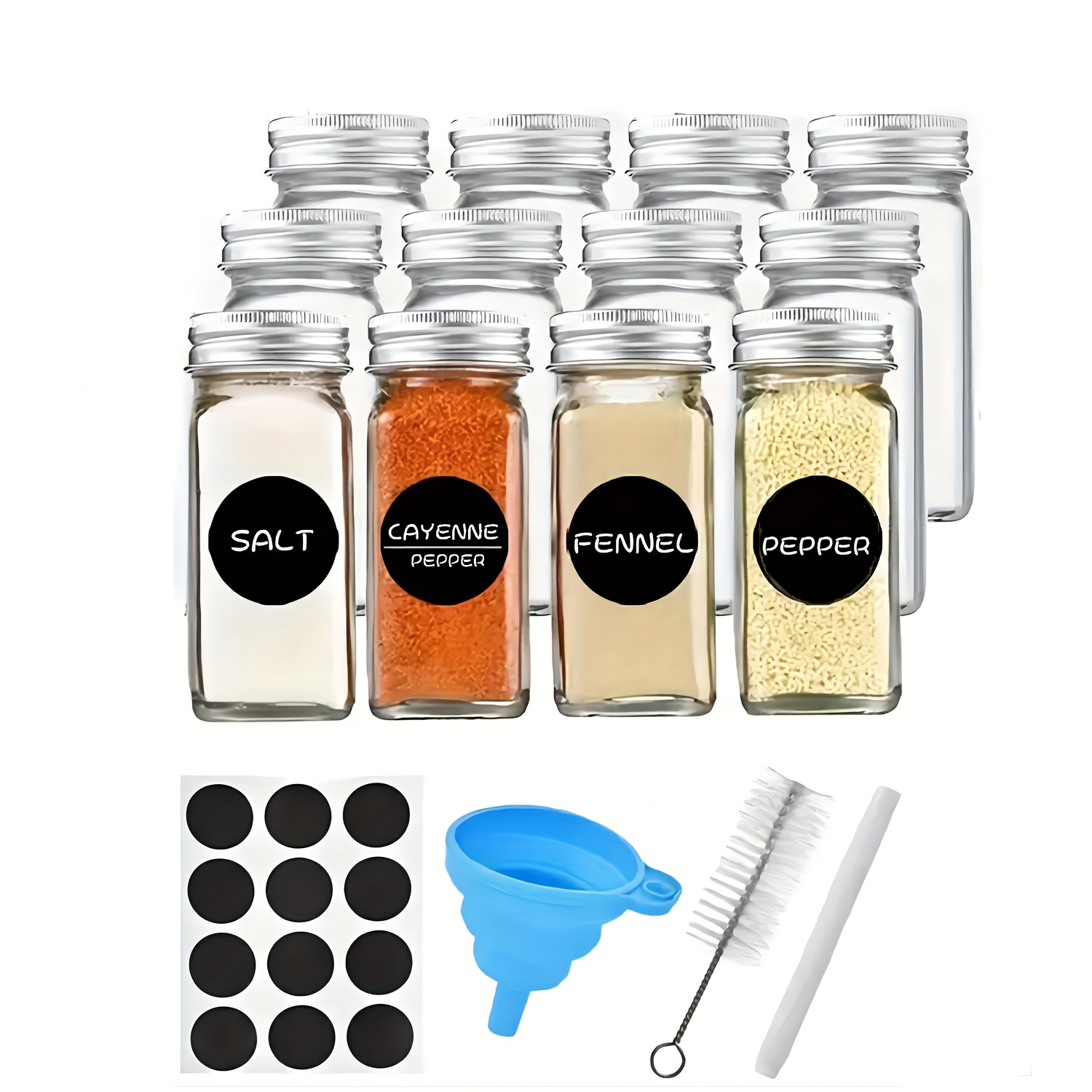 Glass Spice Jars With Labels, Shaker Lids, Airtight Metal , Funnel, And  Cleaning Brush - Organize And Store Your Spices With Ease - Temu