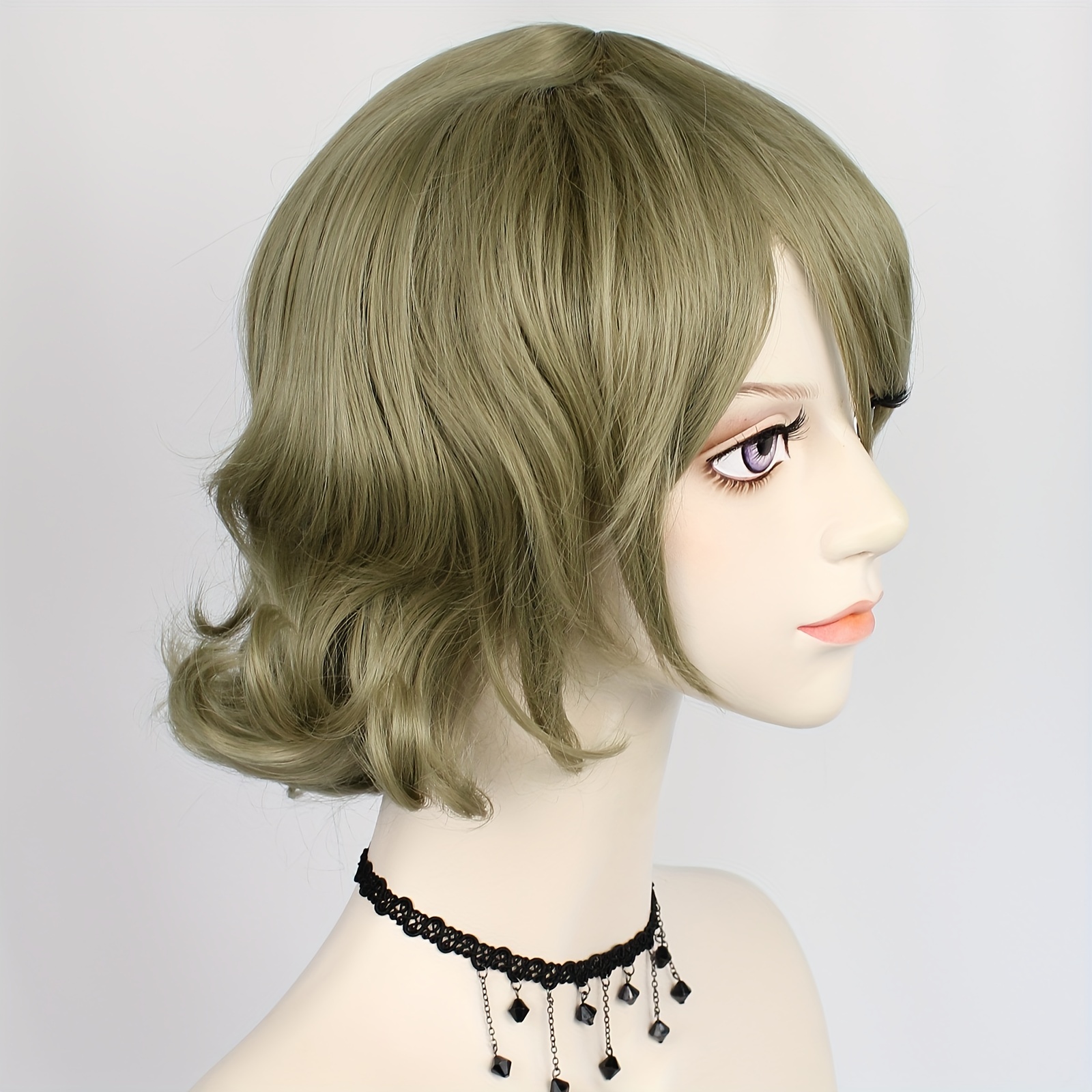 Cosplay Wigs Olive Green Wavy Synthetic Hair Wigs Bangs Temu