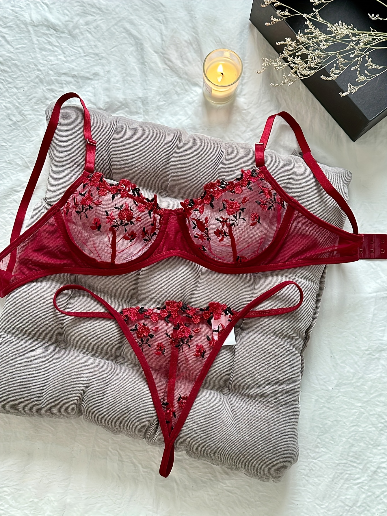 Romantic Floral Embroidery Lingerie Set - Sheer Bra And Mesh Thong For  Women's Sexy Underwear - Temu Italy